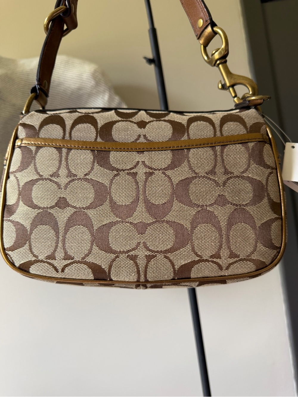 Coach Brown Signature Canvas Shoulder Bag with Metallic Bronze Leather Accents - Picture 2 of 16